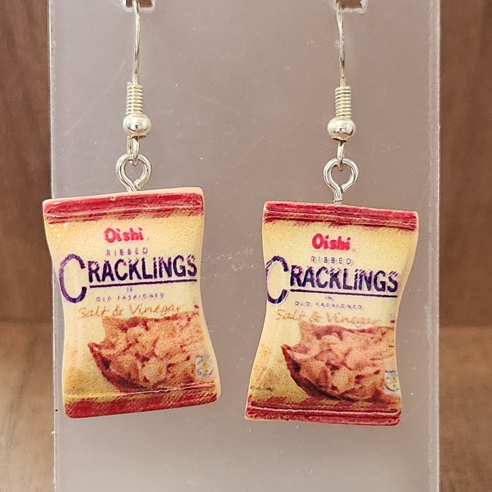 Handcrafted Cracklings Snack Bag‎ Dangle Drop Earrings Women's NWOT Chic Fun